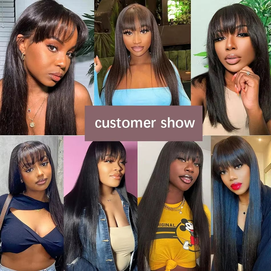 Straight Human Hair Wigs with Bangs Full Machine Made Wig Cheap Brazilian Hair Wigs Short Bob Wigs 3X1 HD Lace Wigs