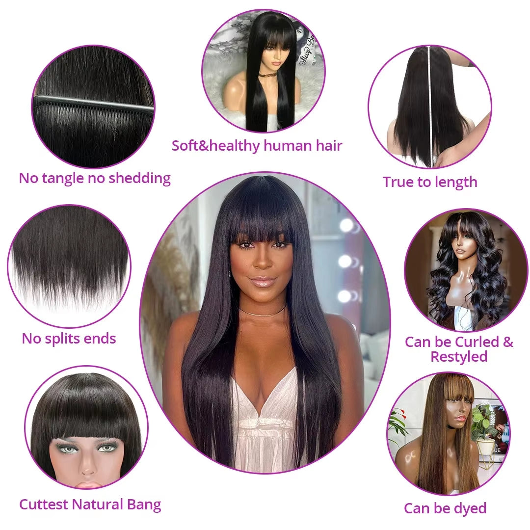 Straight Human Hair Wigs with Bangs Full Machine Made Wig Cheap Brazilian Hair Wigs Short Bob Wigs 3X1 HD Lace Wigs